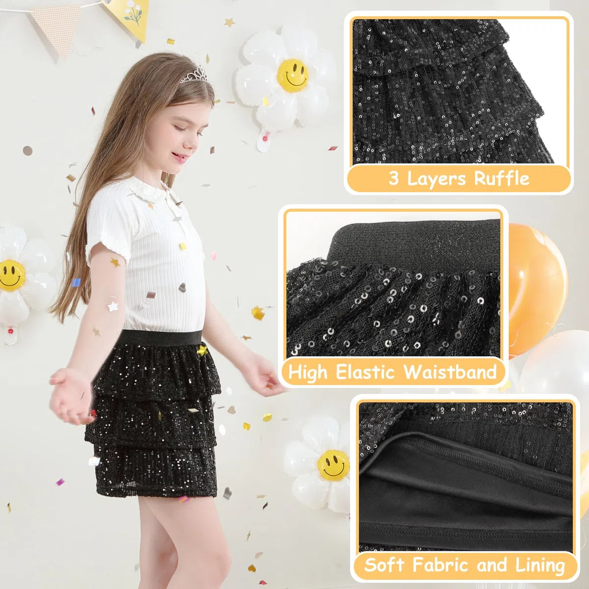 Bezioner Jupe Paillette Fille Jupe Sequin Scintillante Jupe Volant avec Taille élastique Jupe Patineuse Tenue de Fête Carnaval
