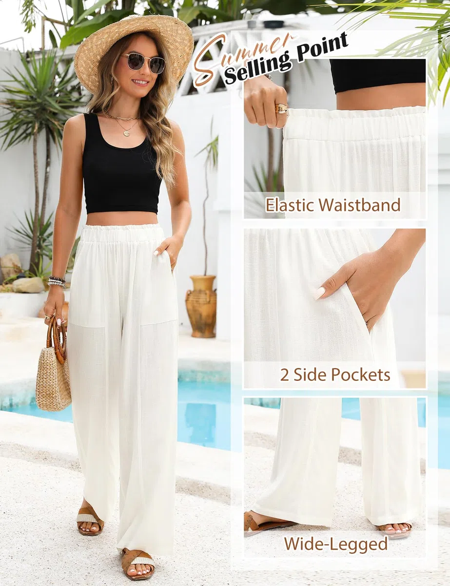 Pantalon Femme Été Fluide Pantalons Lin Taille Haute Elastique Pantacourt Jambe Large Ample Léger Pantalon Décontractée Longueur Pants Chic et Elegant avec Poches
