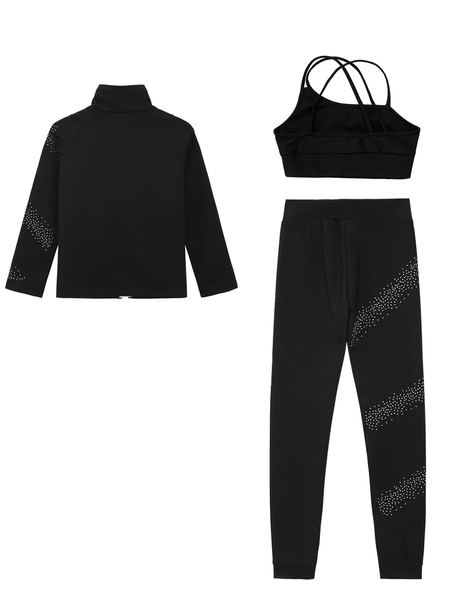 TiaoBug Enfant Fille Survêtement de Sport Veste Manches Longues Strass et Débardeur et Pantalon Legging Sport Ensemble Patinage Artistique Costume Compétition 5-14 ans