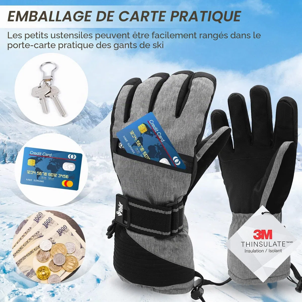 Vihir Gants de Ski d'hiver pour Homme et Femme, Gants Thermiques 3M Imperméables, Gants de Cyclisme Chauds, Vent Respirant Antidérapant Idéal pour Ski Snowboard Course Cyclisme