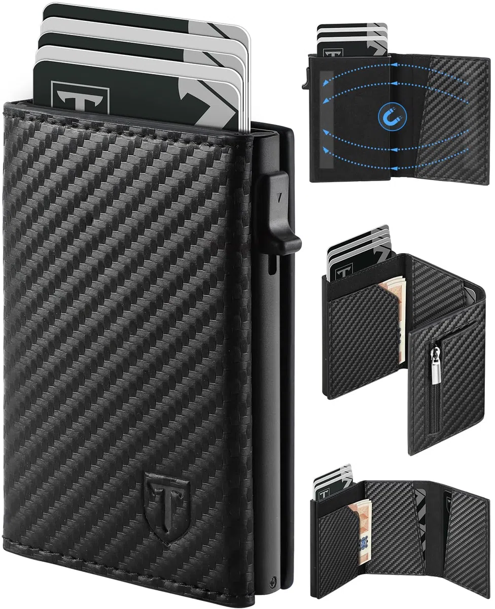 Portefeuille Homme en Fibre de Carbone, Magnétique Porte Carte avec Blocage RFID, Porte Feuille pour Homme avec Compartiment à Billets & Monnaie, Porte-Cartes de Crédit Bancaire (Noir)