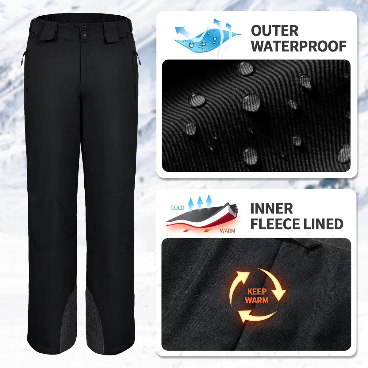 aoli ray Pantalon de Ski Homme Imperméable avec Bretelles Amovibles Pantalon de Ski de Fond Homme Pantalon de Polaire Coupe pour Ski/Patinage/Randonnée