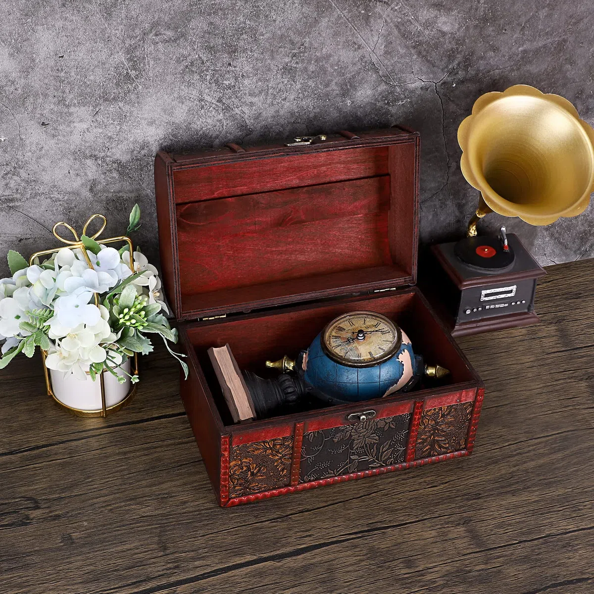 Coffret au trésor en bois - Malle au trésor avec fermeture métallique vintage - Boîte de rangement coffret à bijoux - Cadeau pour mariage, Noël et Anniversaire (25 x 17 x 16cm)