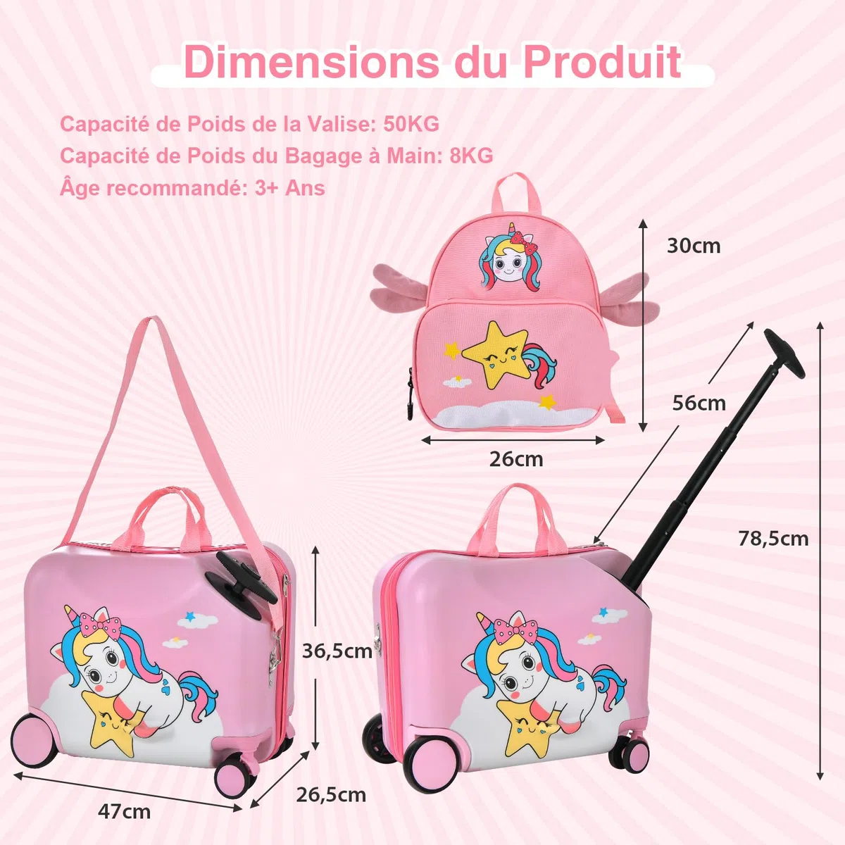 COSTWAY Valise Enfants à roulettes 18” avec Sac à Dos 12”, Bagages à Main pour Voyage avec Roues Coque Imperméable Poignée Rétractable pour Enfants de 3 Ans+ Charge 50KG+8KG (Rose Licorne)