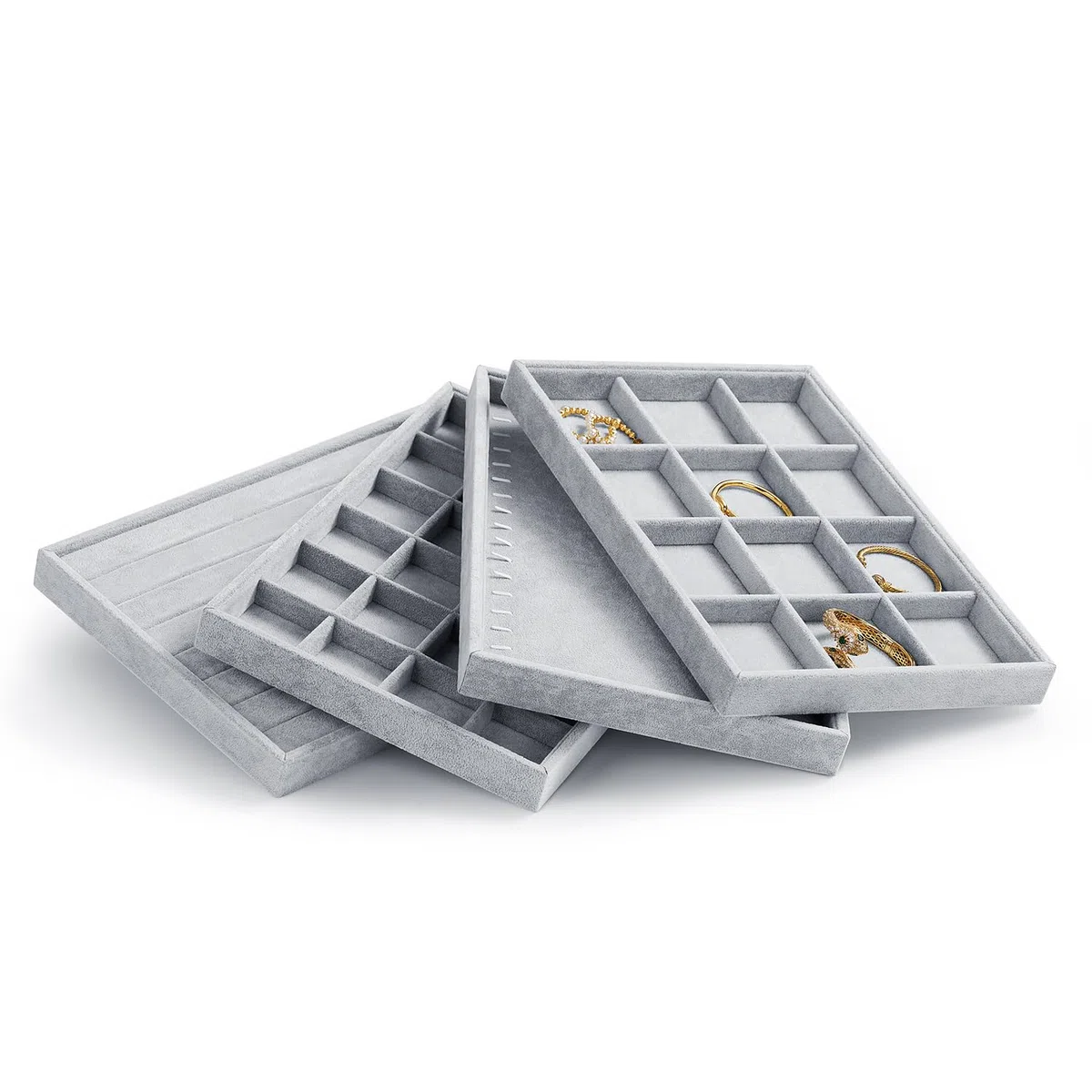 plateau à bijoux empilable en velours, rangement de bijoux tiroir insert à bijoux organisateur présentoir à bijoux pour bagues boucles d'oreilles (gris)