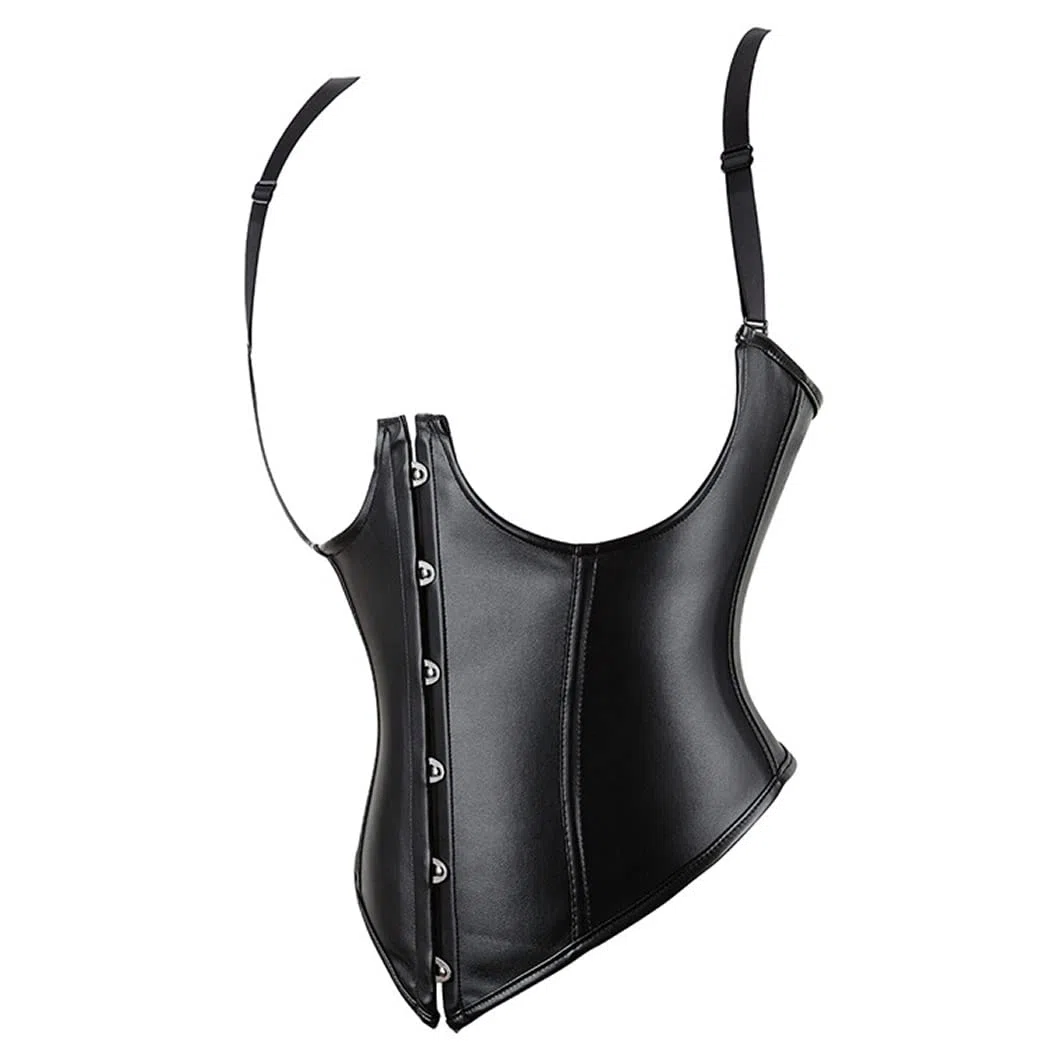 DISSA Corset Sous Poitrine Similicuir avec Bretelles | Similicuir, sous poitrine, fermeture busk avant, bretelles réglables, ruban laçage arrière, baleines plastiques