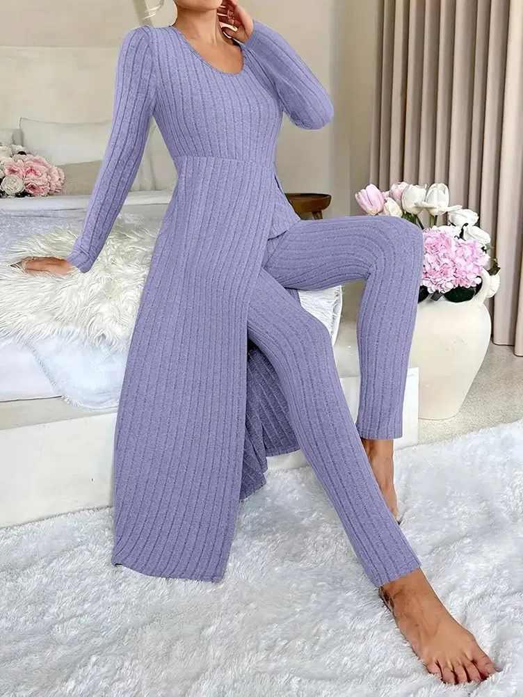 Generisch Combinaison 2 pièces pour femme - Combinaison en tricot à manches longues - Haut et leggings côtelés - Ensemble 2 pièces - Tenue d'été 2 pièces - Pour femme