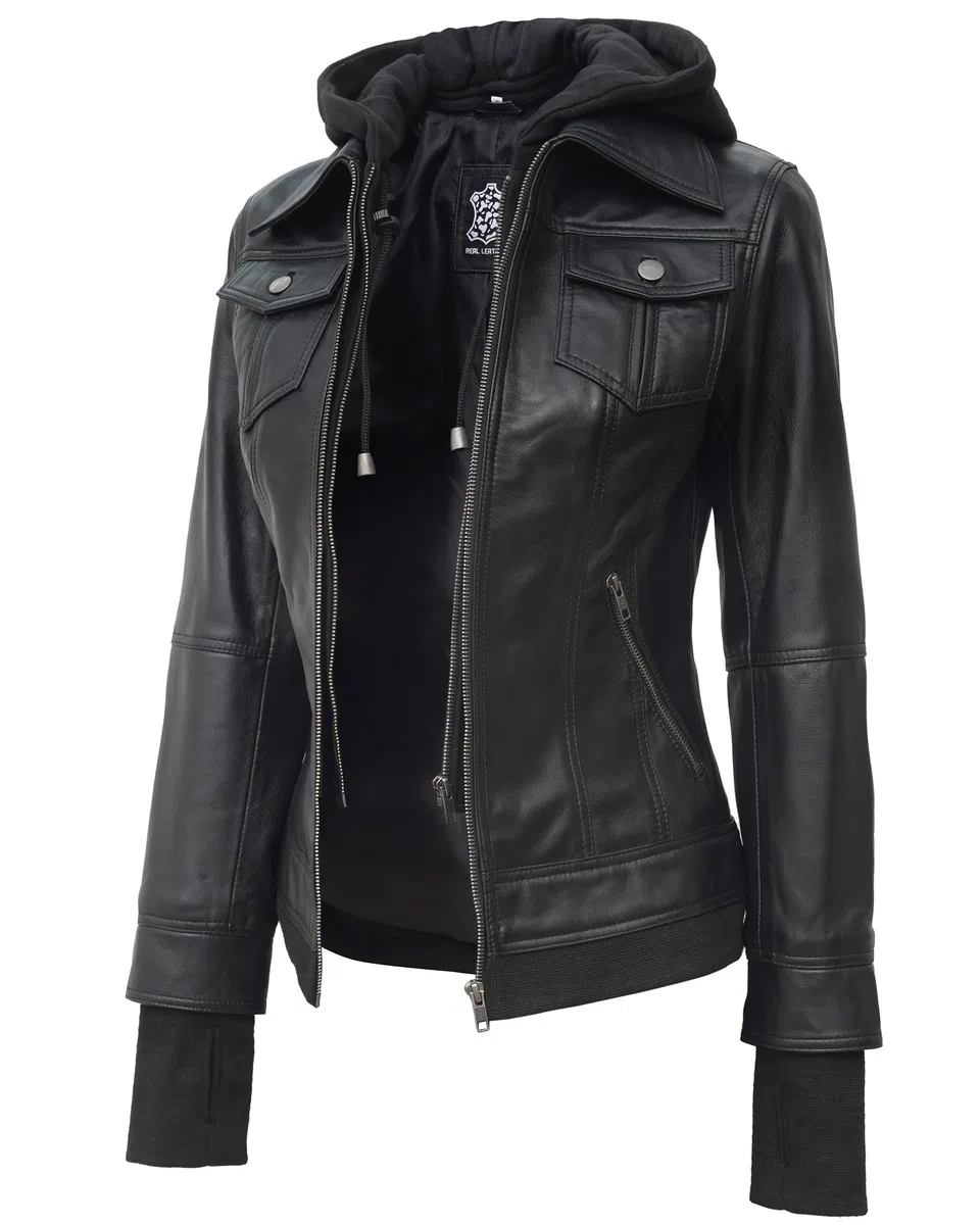 fjackets Blouson bomber à capuche en cuir d'agneau véritable pour femme avec capuche amovible
