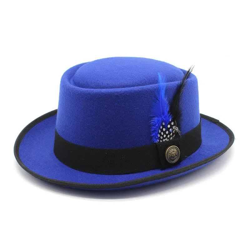 TAHALI RZL Chapeau Melon Chapeau Haut de Forme en Laine d'automne et d'hiver, Chapeau Haut de Forme Rond en Laine, Chapeau de Jazz for Homme avec Plume Noire et Bleue (Couleur : Bleu)