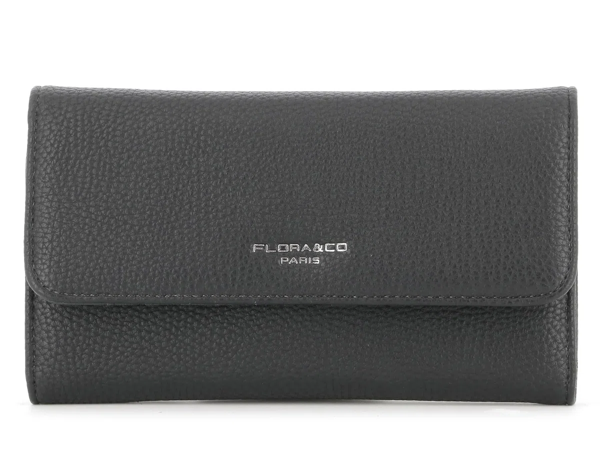 flora & co - Portefeuille Femme Tout-en-Un Rabat - Porte-chéquier Porte-Cartes et Monnaie 3 en 1 - Compagnon 3 Volets Grande Capacité Fourre-Tout - Classique Chic Tendance - Similicuir Souple - Noir