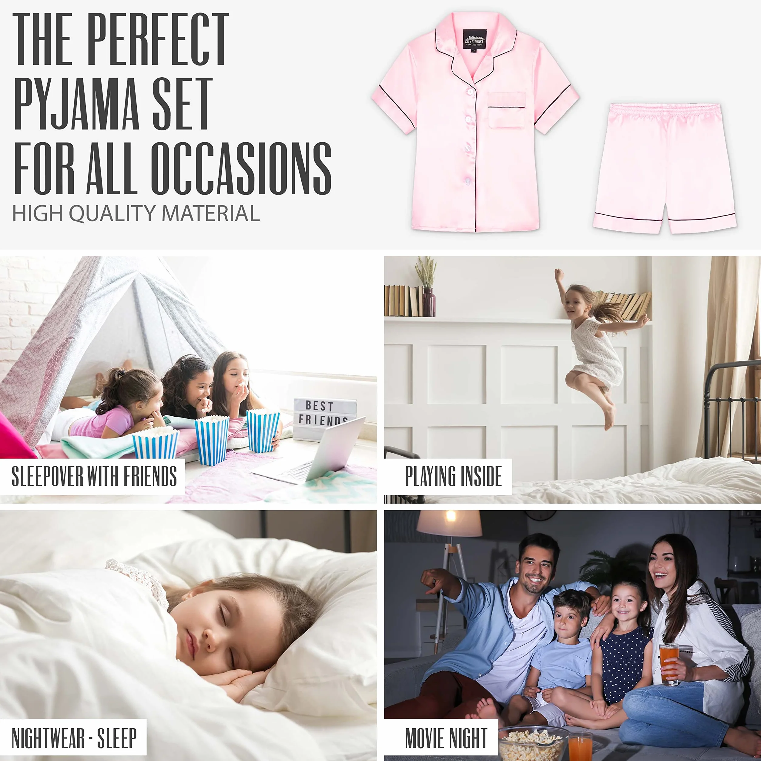 CityComfort Ensembles de Pyjama Fille et Ado Ensembles de Nuit d'Été Boutons Short Pyjama Satin Loungewear Set Vêtement de Nuit à Manche Courte