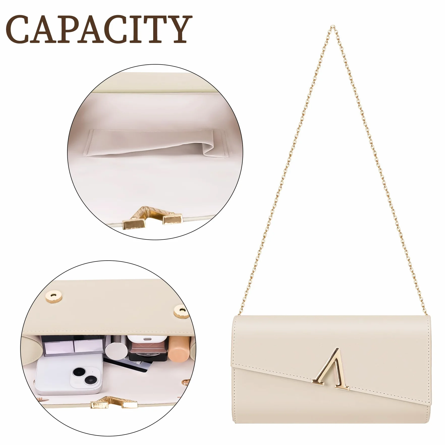 Larcenciel Pochettes et Clutches Femme Nude, Pochette Soiree Femme Élégant en Cuir PU Végétalien avec Chaîne, Sac a Main Crème à la Mode pour Mariage, Fete, Boule, Cocktail, Cérémonie 23x5x13CM