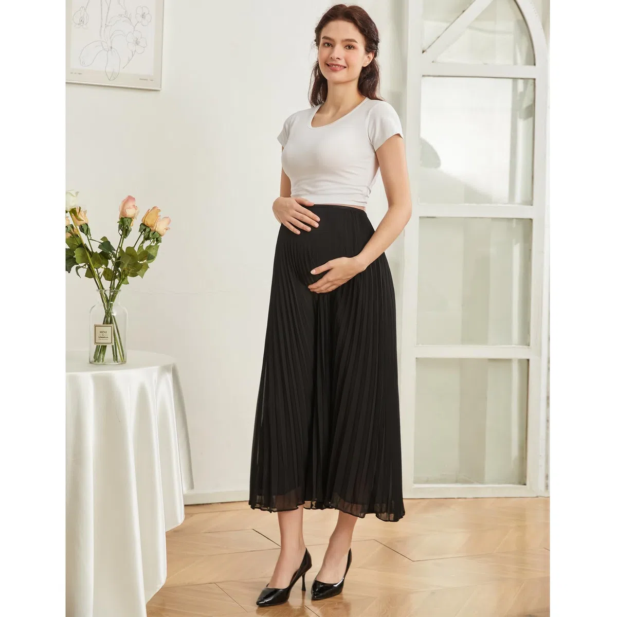 COLOMI Jupes longues pour femmes d'été de maternité, taille haute élastique, jupe plissée en mousseline de soie, jupe trapèze longue trapèze