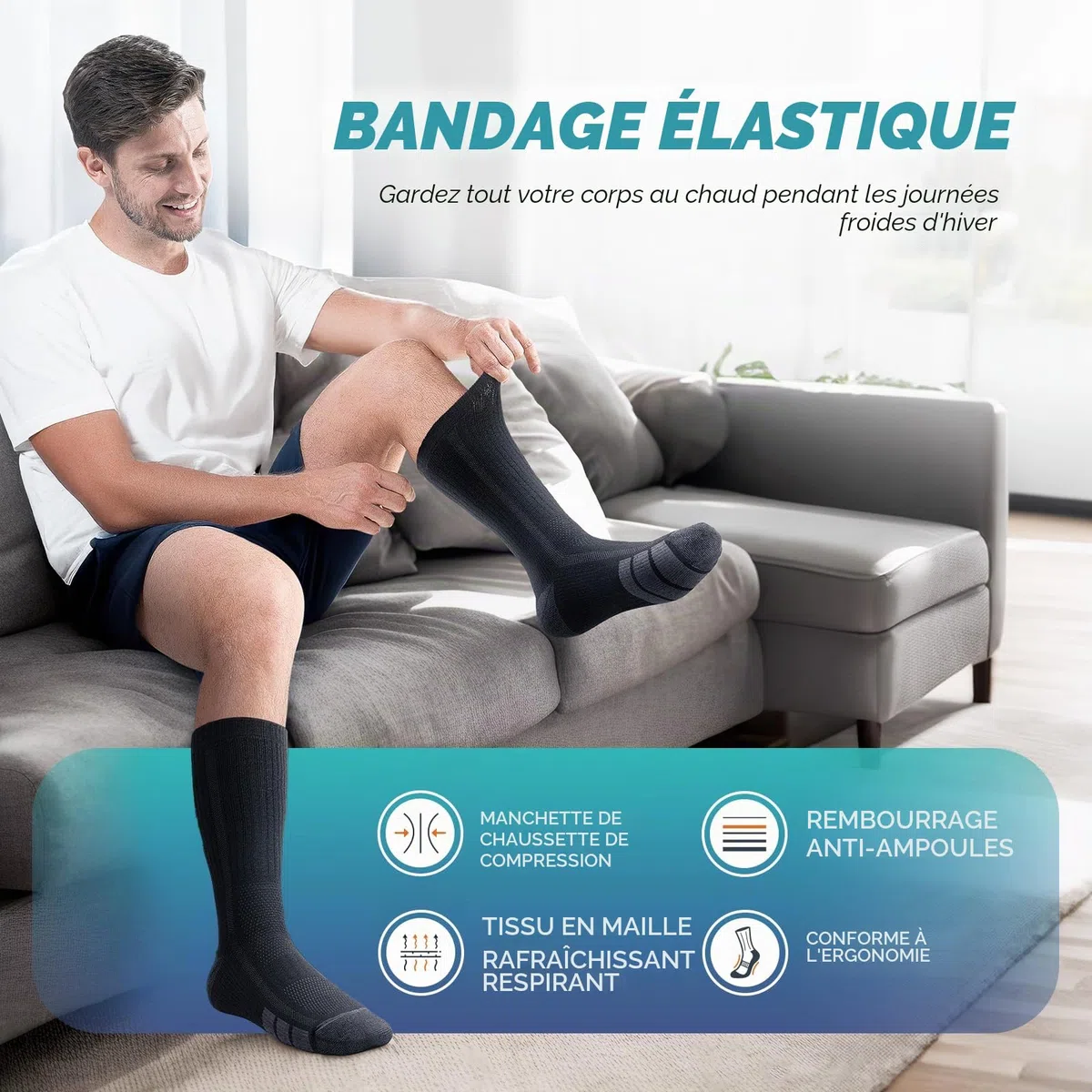 TANSTC Chaussettes Homme Femme 43-46 39-42 35-38 47-50 Chaussette Antidérapante Respirant de Randonnée en Laine Mérinos, Chaussettes Hautes Sports Trekking Course, 3 Paires