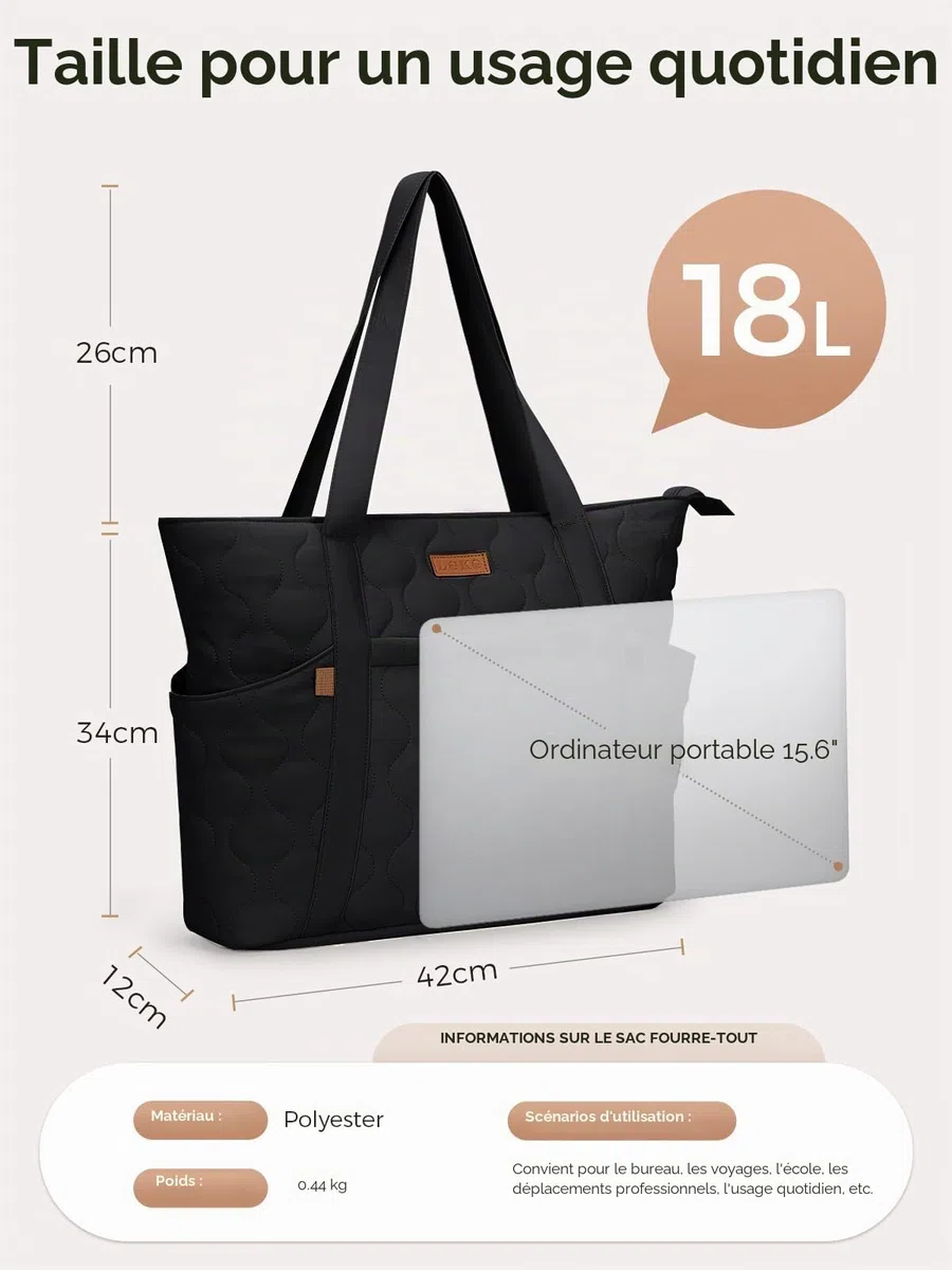 Sac Cabas pour Femme Grand, Sac Fourre Tout pour Ordinateur Portable 15,6 Pouces, Sacs a Main avec Fermeture Éclair, Sacs Bandoulière Léger pour Shopping Université Travail Voyage