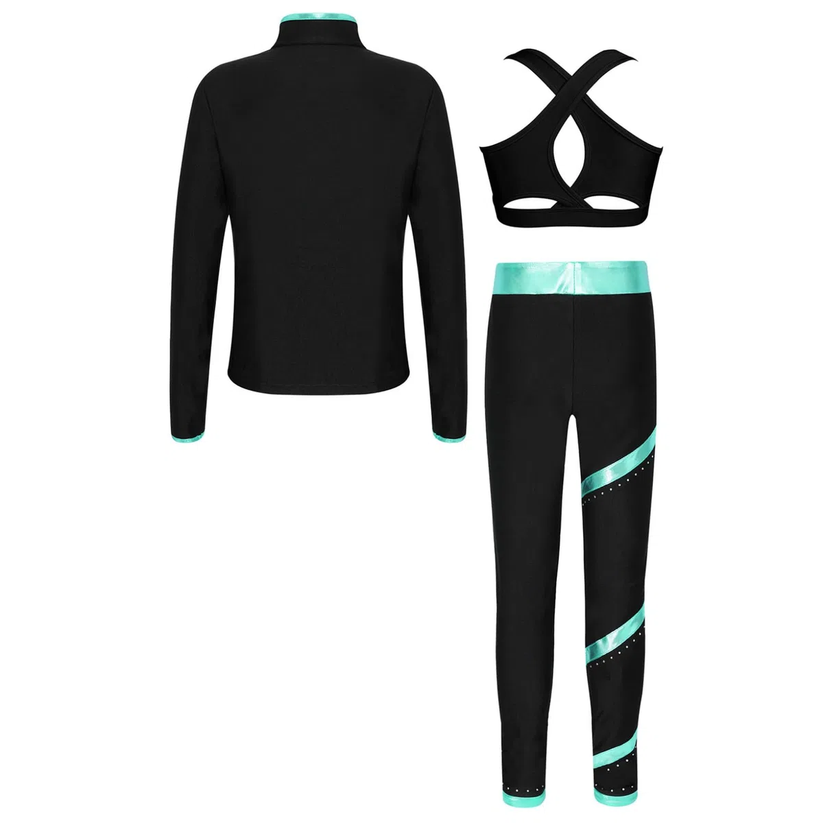 Oyolan Enfant Fille Ensemble Veste Patinage Artistique et Pantalon Strass Brillant Tenue Gymnastique Danse Entraînement 5-16 Ans Bleu vert 11-12 ans