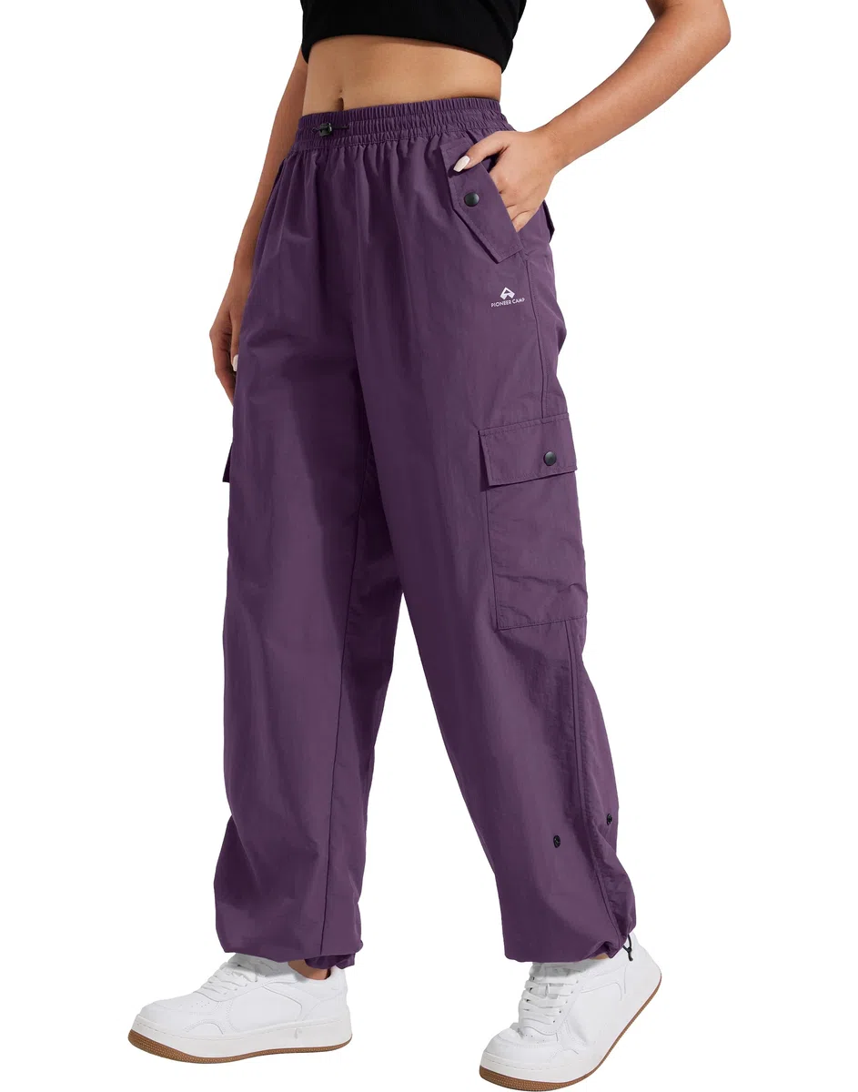 Pioneer Camp Pantalon cargo de parachute pour femme avec poches, taille haute, pantalon de randonnée à séchage rapide, léger, jambe large