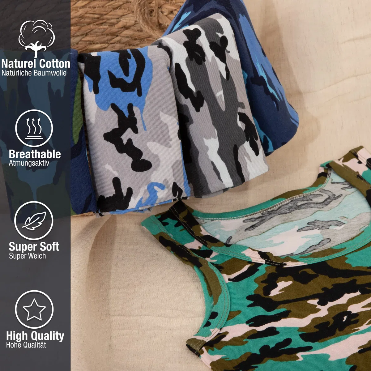 LOREZA Débardeurs/Maillots de Corps pour garçon - Coton - Camouflage - Tailles 24 Mois à 13 Ans - Lot de 5