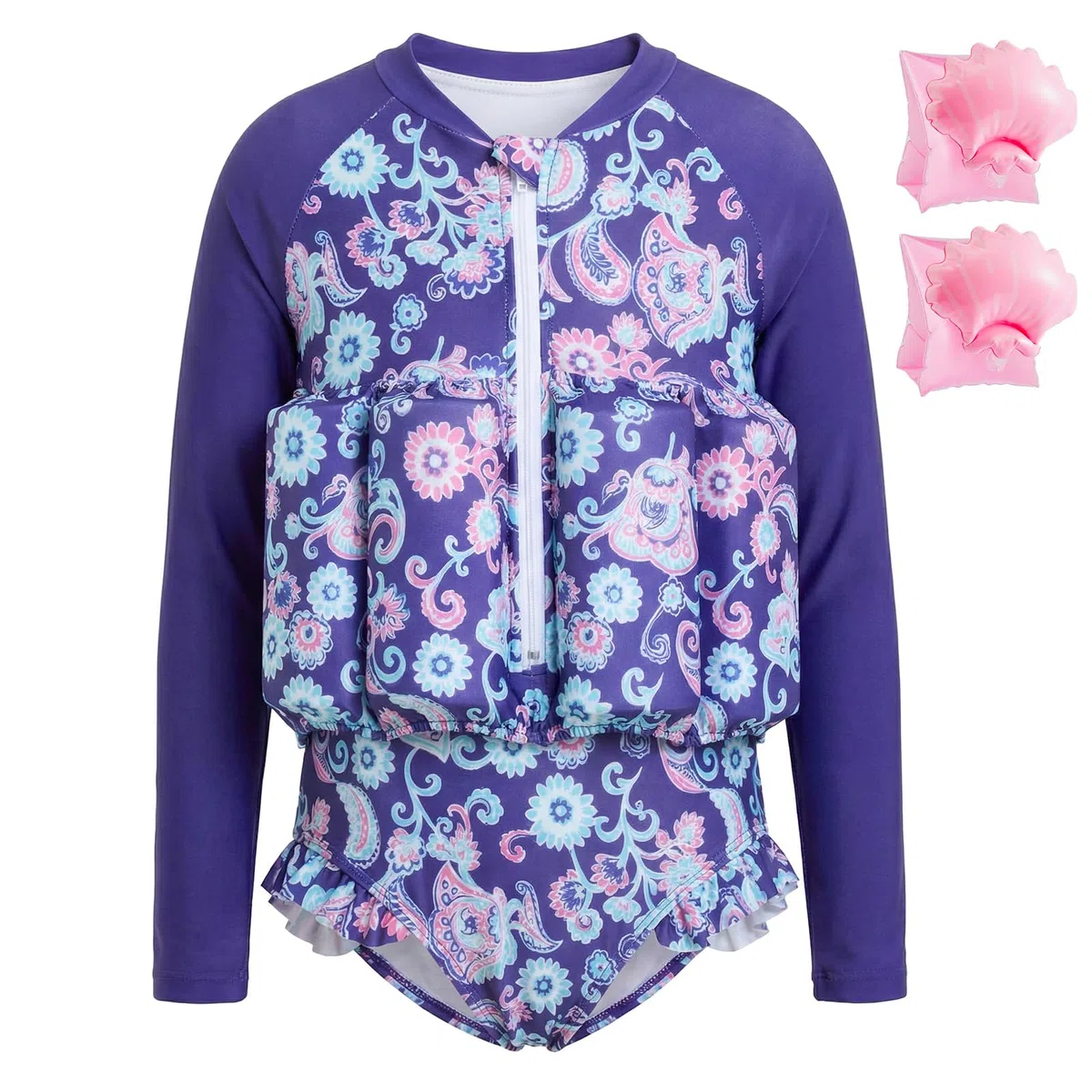 Maillot de bain pour bébé fille avec flottaison pour enfant - Aide à la natation - Maillot de bain à manches longues - Maillot de bain une pièce