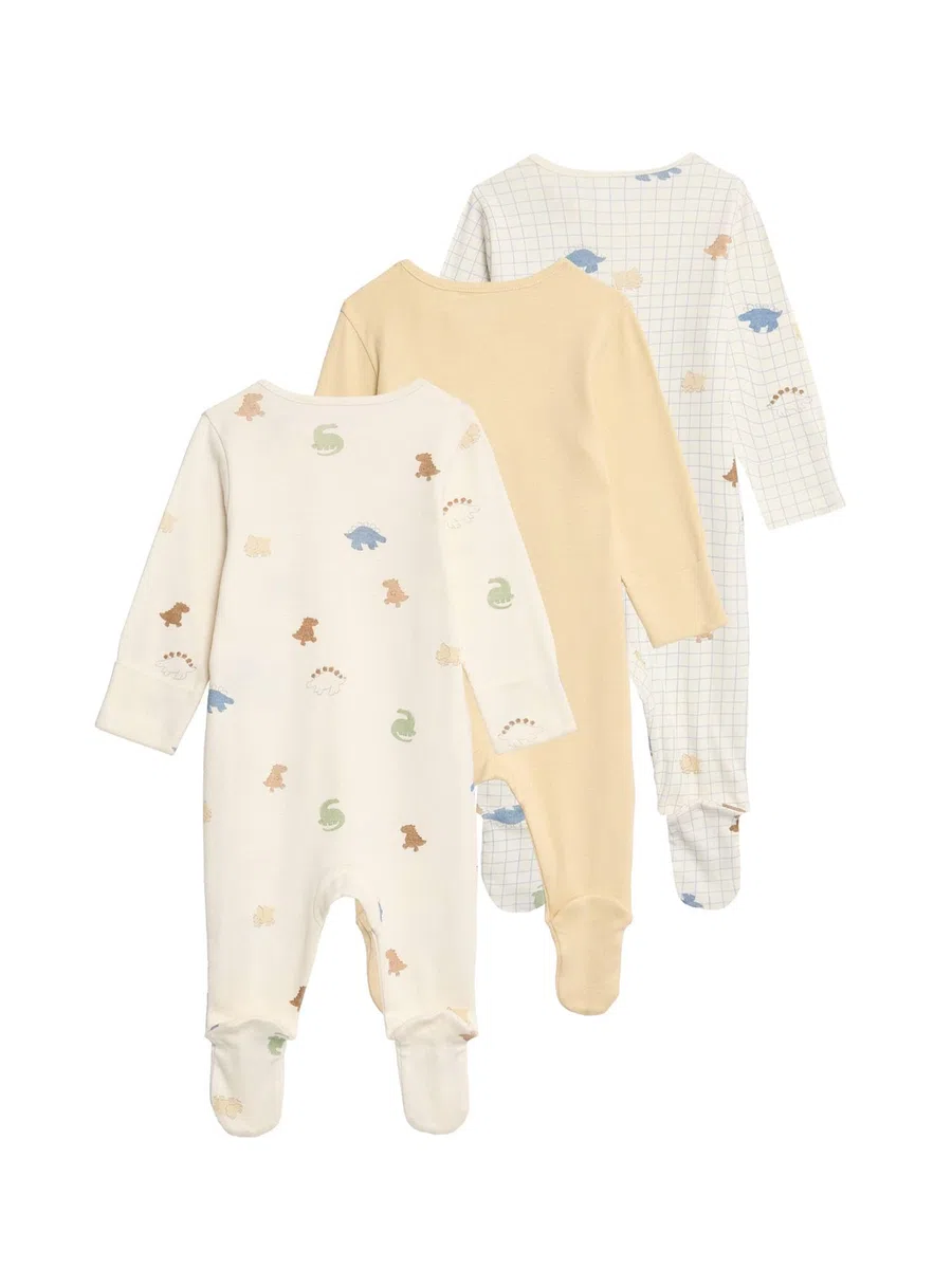 Marks & Spencer Grenouillères Bébé Lot de 3 en Pur Coton Imprimé Dinosaures, Mixte Garçon et Fille, Coupe Standard