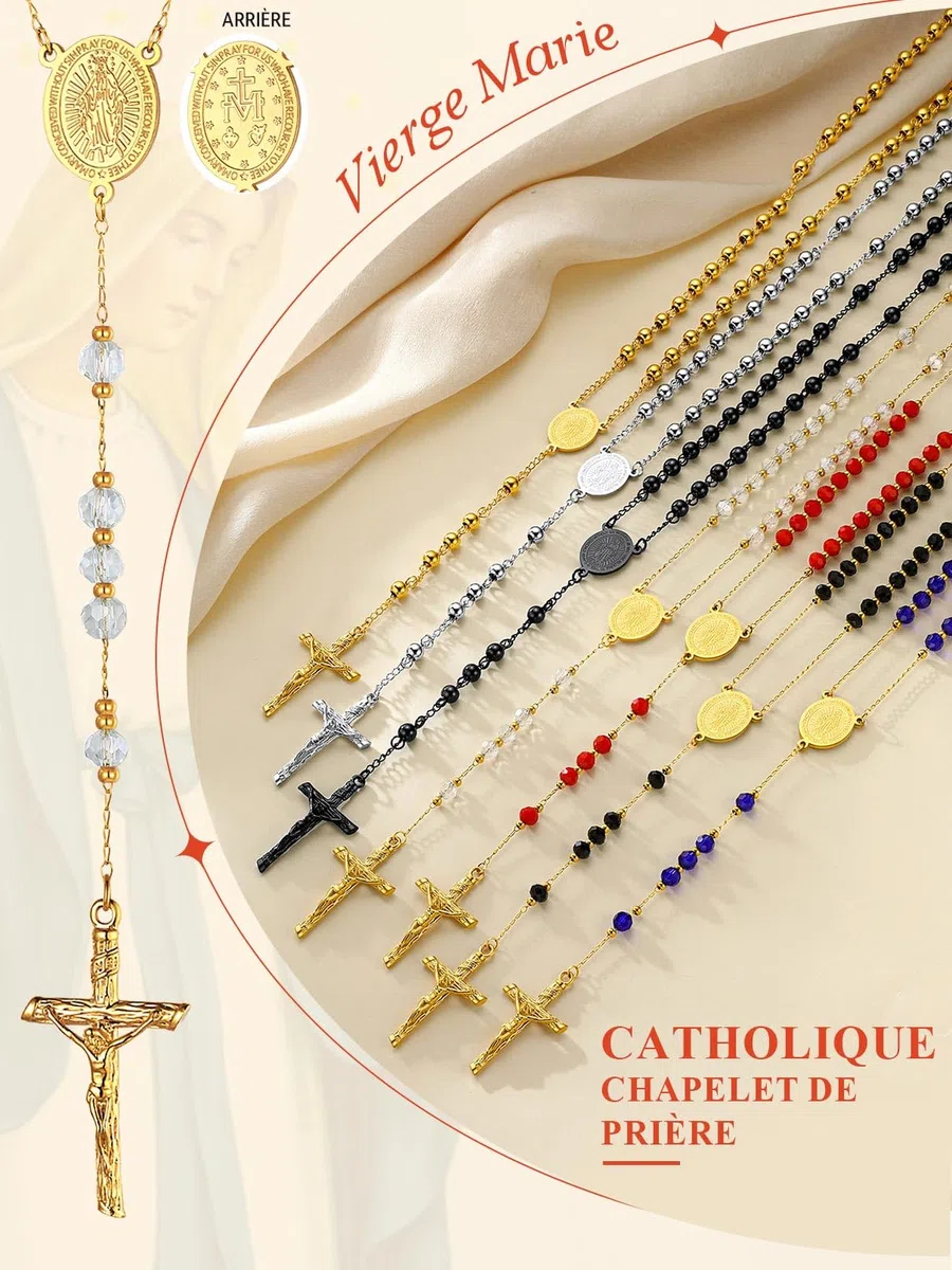 FaithHeart Collier Chapelet Catholique en Acier Inoxydable pour Femme Homme, Chaîne de Rosaire 66cm avec Médaille de Vierge Marie et Pendentif Crucifix, Cadeau Bijou pour Communion et Baptême