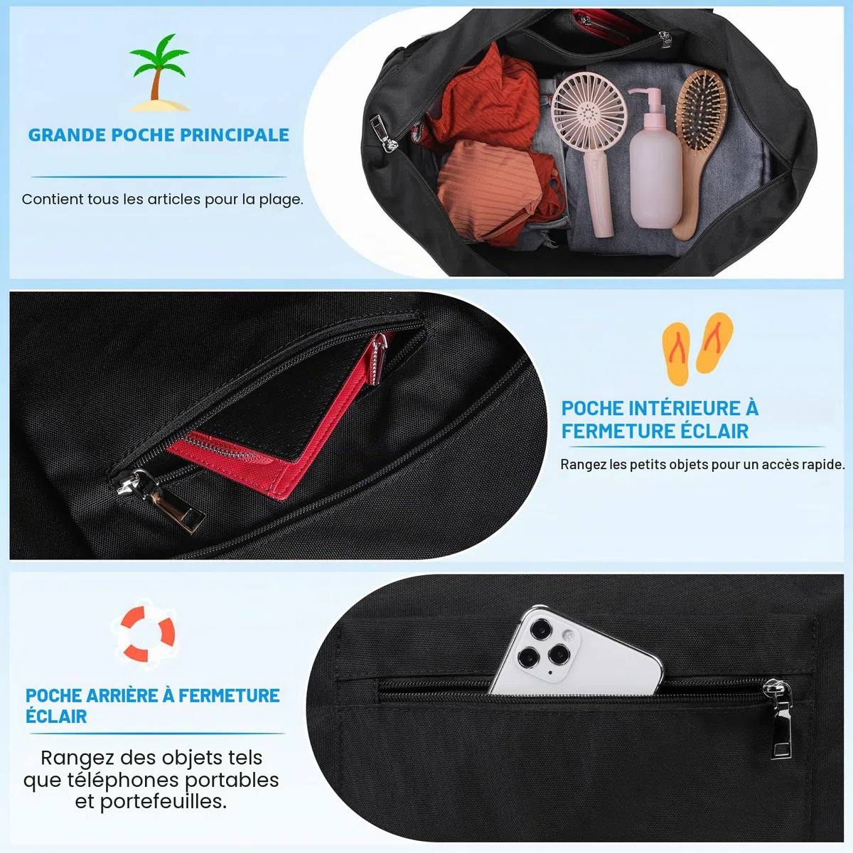 IGOLUMON Grand Sac de Plage Femme XXL 40L Sac Cabas Plage avec Fermeture Éclair Imperméable Tote Bag Pliable Grande Capacité Sac Shopping pour Plage Voyages Gym Piscine Noir