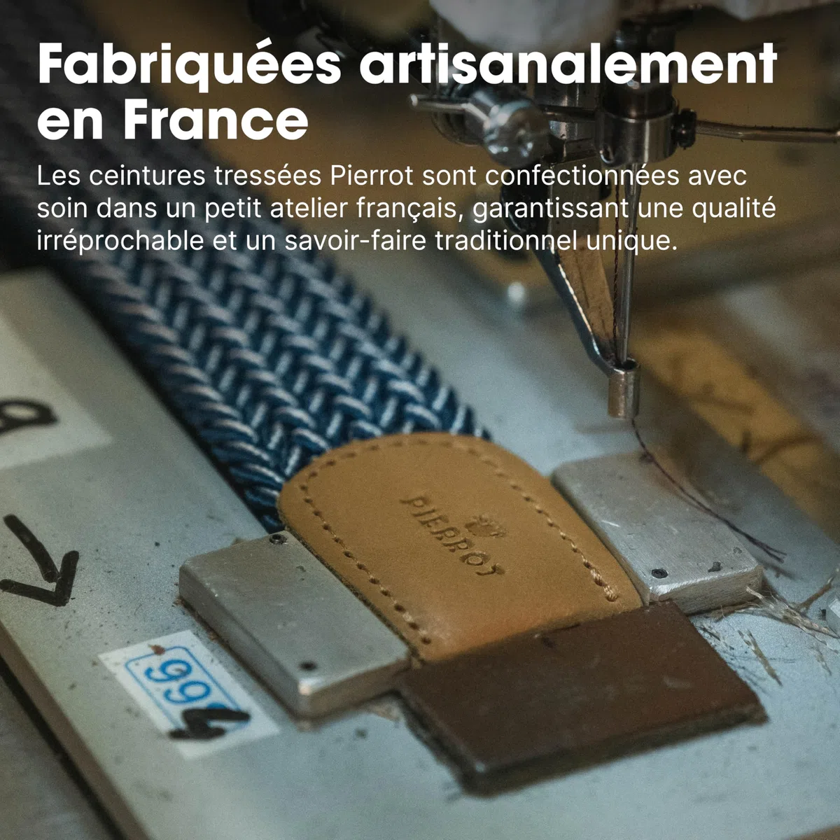 PIERROT Ceinture Tressée Élastique Made in France - Ceinture Elastique pour Hommes Étirable avec Tissu Souple 105cm à 120cm - Fabrication Artisanale Boucle en Acier & Finitions en Cuir