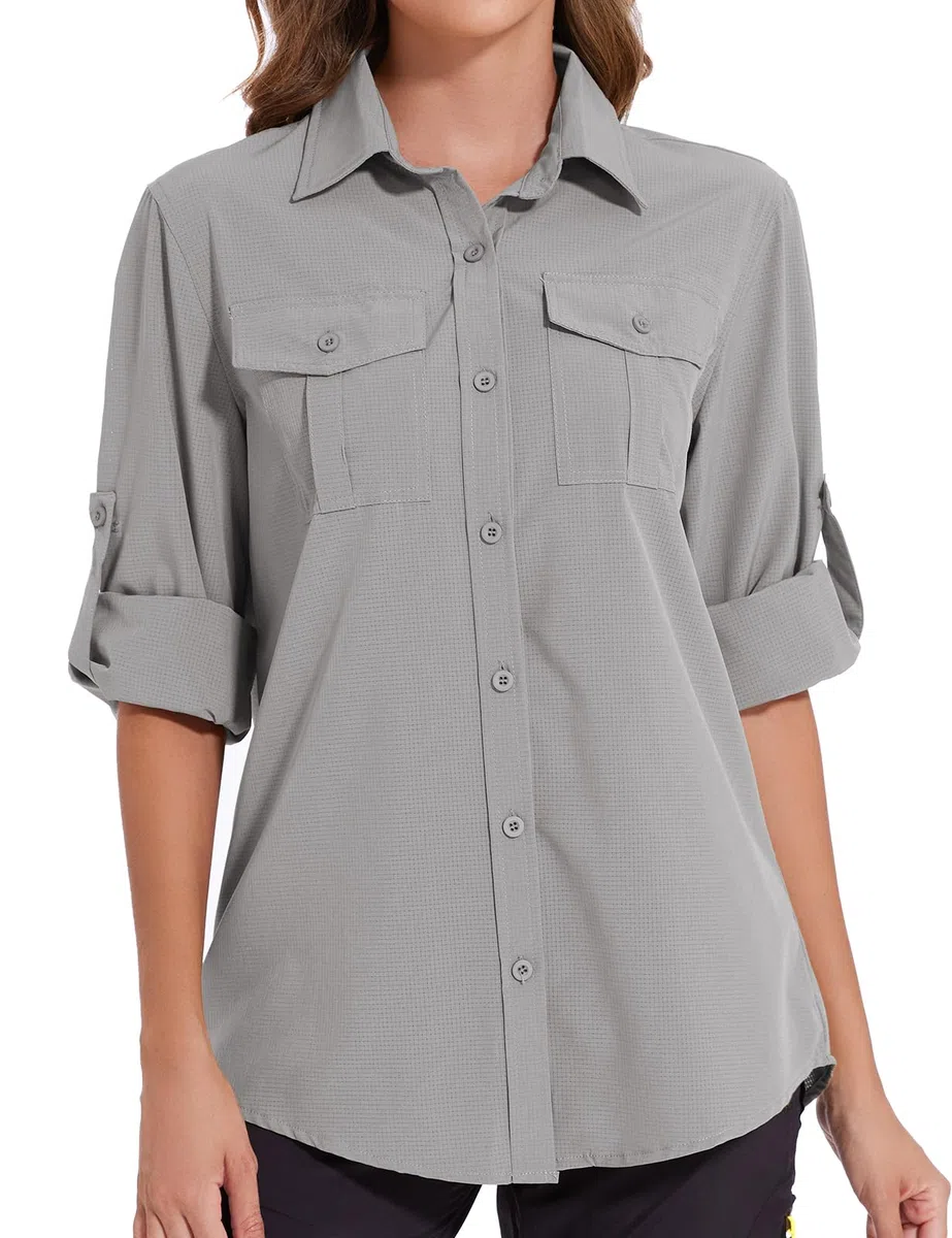 Tuopuda Chemisier Femme Chic Élégant Blouses UPF 50+ Protection Solaire T-Shirt Chemise Col en V avec Boutons Respirant Tunique Haut Manches Longues Décontracté Tops Randonnée Safari