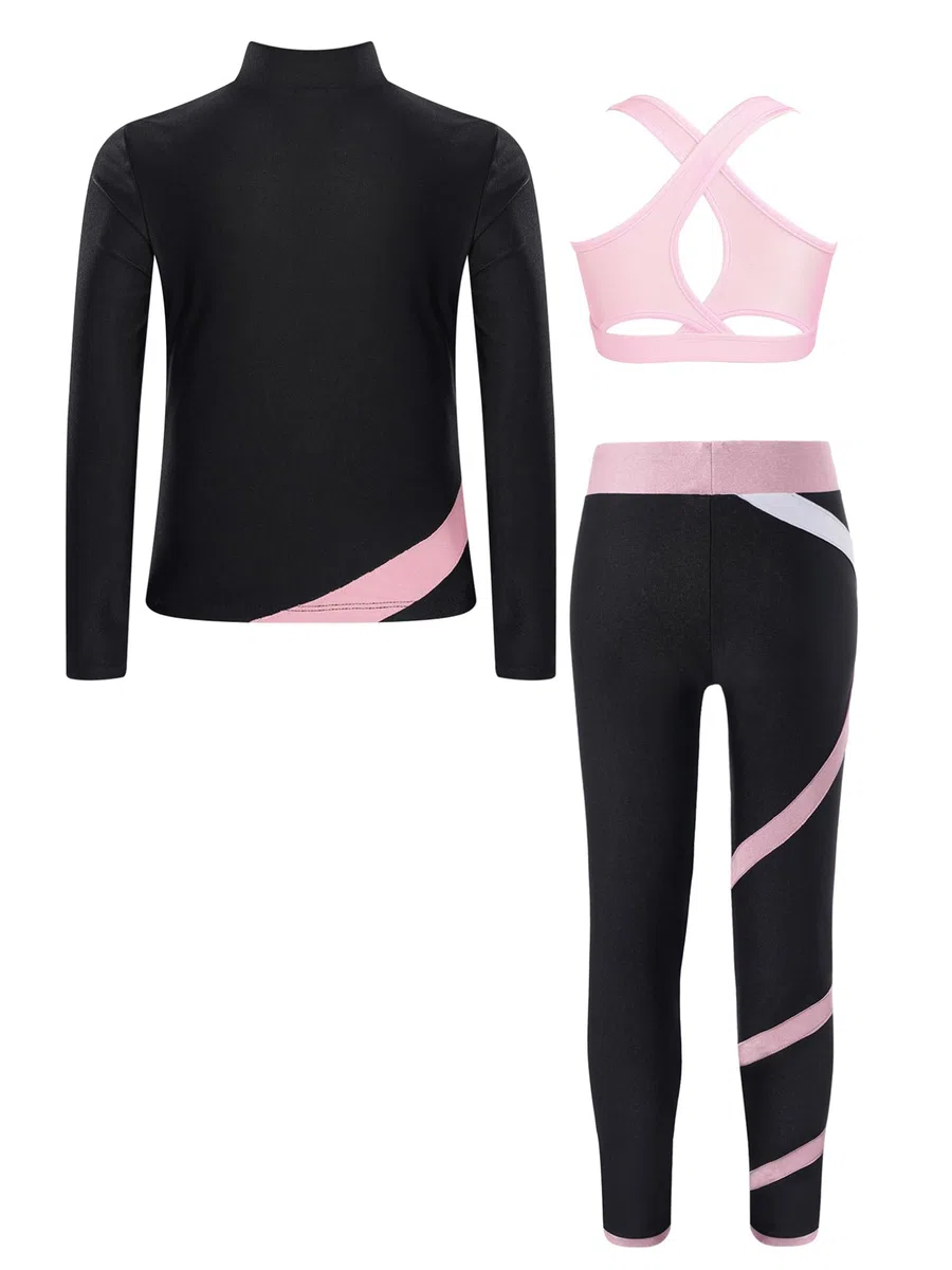 YiZYiF Ensemble Patinage Artistique Enfant Fille Manches Longues Vestes Top Strass Zippée et Débardeur Legging de Sport Survêtement Justaucorps Gymnastique 5-16 ans