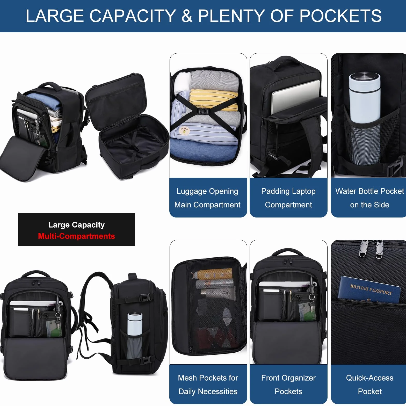 ENZOSUM Bagage Cabine 40x30x20 Sac à Dos Voyage Sac Cabine Avion 40x30x20 pour Ryanair,Wizzair 24L Bagage à Main Homme Femme Sac à Dos pour Ordinateur Portable Noir
