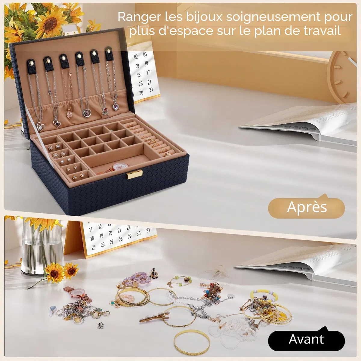 Gifturbo Boîte à bijoux, boîte à bijoux avec 2 niveaux, boîte à bijoux en PU cuir grande boîte à bijoux pour bagues, boucles d'oreilles, bracelets, colliers, noir