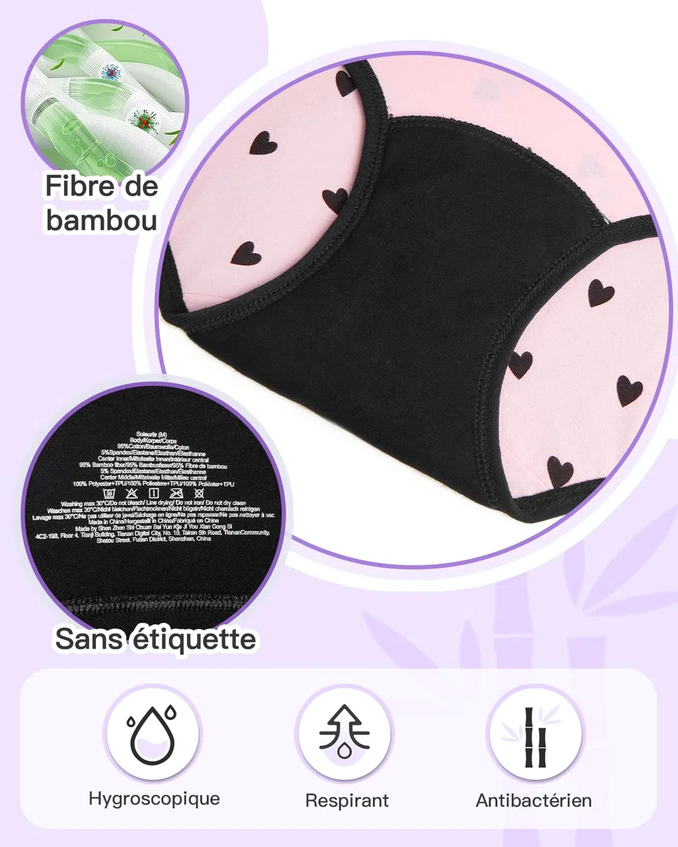 Culotte Menstruelle Adolescente Idéales pour Flux Tres Abondant Culotte Fille en Fibre de Bambou Réutilisable Lavable en Machine avec jusqu'à 12h de Protection Anti-Fuite