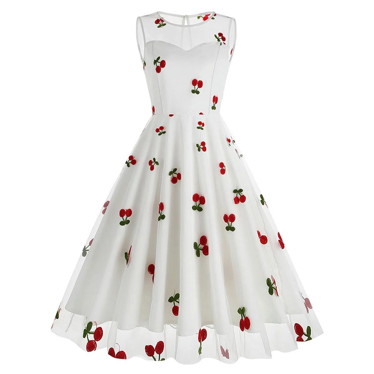 Robe rétro européenne et américaine à col Rond sans Manches pour la Saint-Valentin en Maille brodée de Cerises-Noir Cerise-M