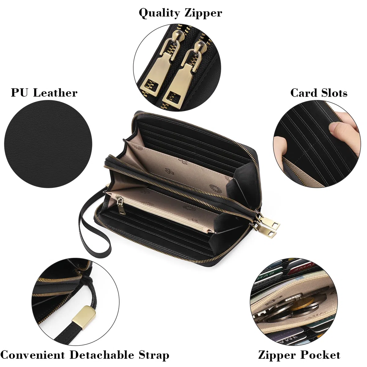 GAEKEAO Portefeuille Femme Grand, Porte Feuille Feminin Cuir Végétalien Double Fermeture à Glissière, RFID Porte chequier, avec Multiples Poches Portefeuilles et Porte-Cartes Idee Cadeau Femmes