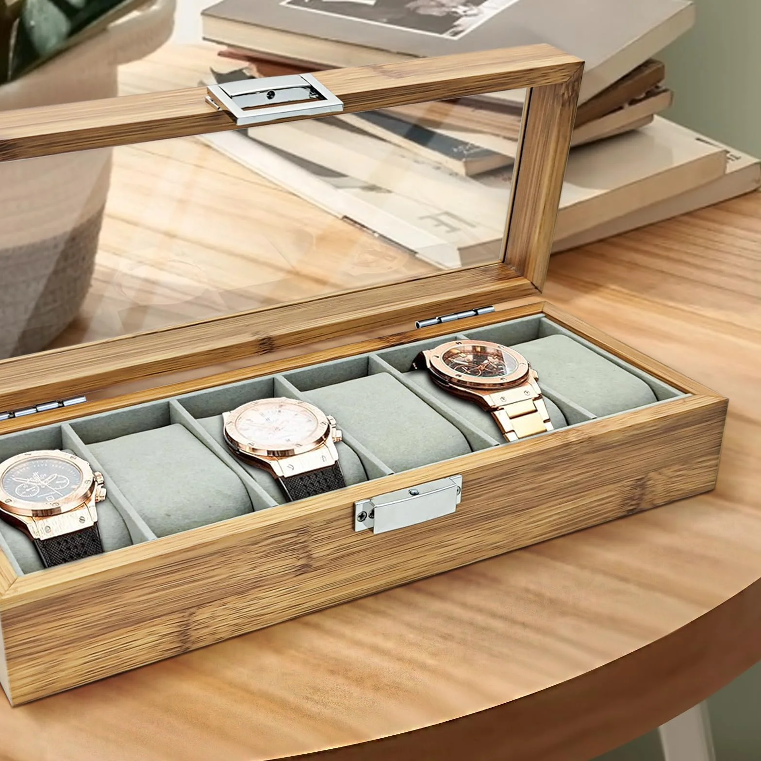 Boite a Montre 6 Slots, Boite Rangement Montre avec Oreiller Amovible, Etui Montres d'Affichage Vintage, Coffret Montres avec Couvercle En Verre(6 emplacements)