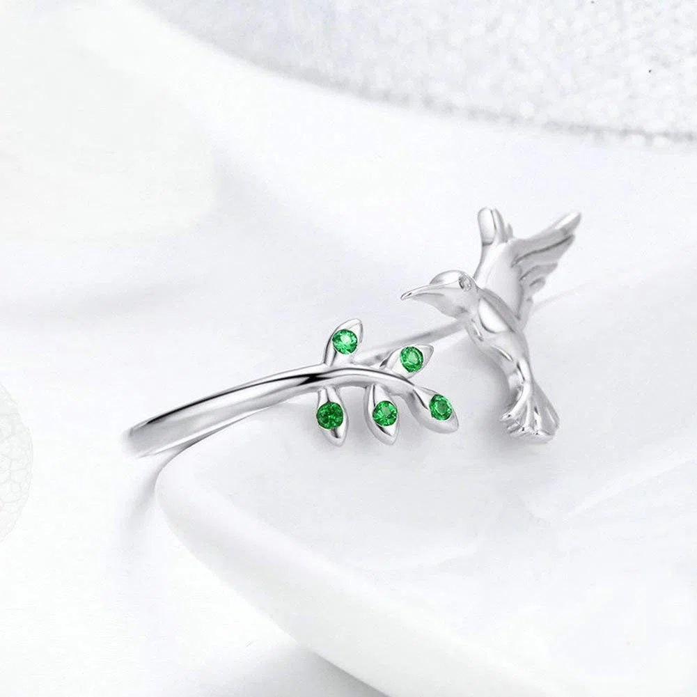 Bague ouverte en argent sterling S925 en forme de colibri avec cristal vert et zircone cubique réglable pour femme et fille
