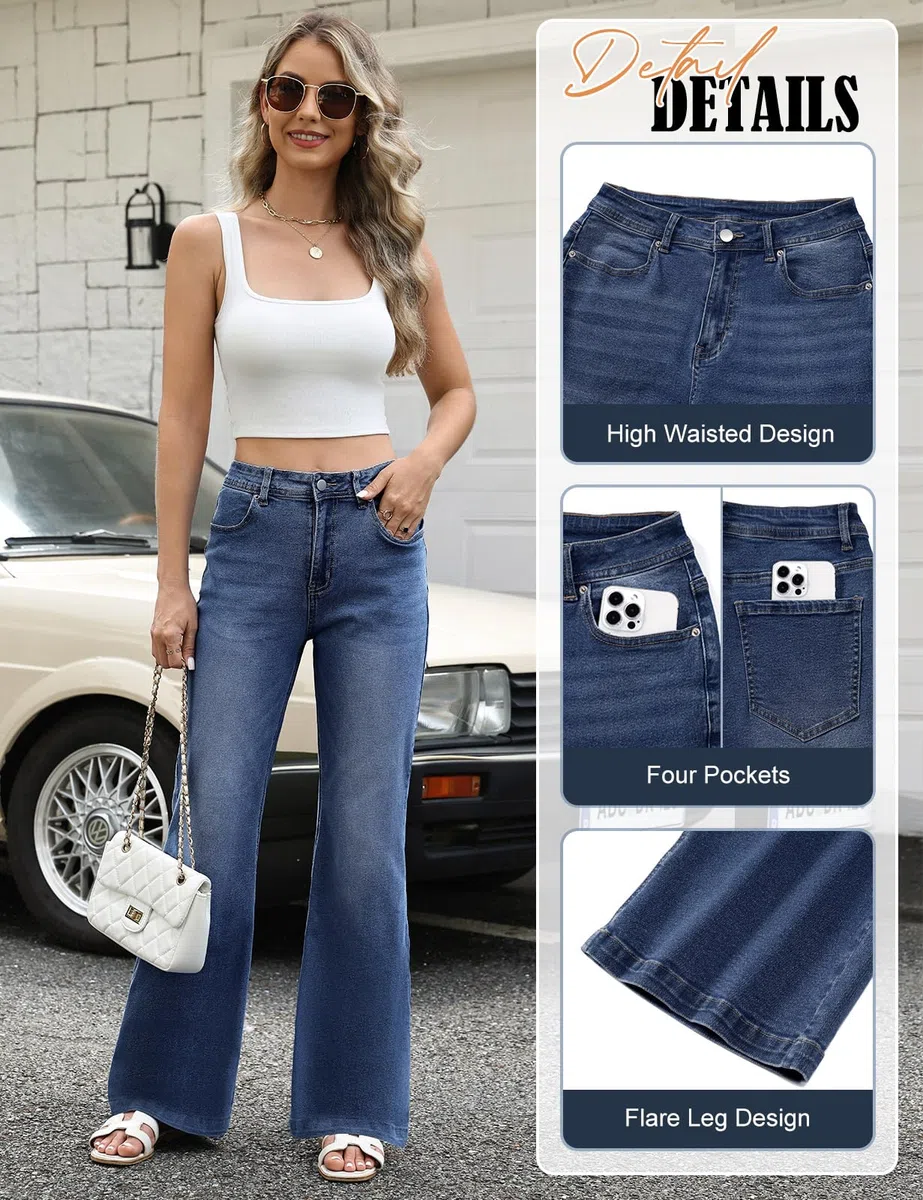 Jean Femme Taille Haute Jean Évasé Elastique Pantalon Stretch Slim Vintage Jeans Bootcut Flare Large Denim Leggings Grande Taille Extensible avec Poches