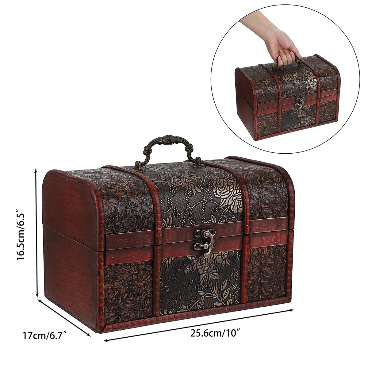 Coffret au trésor en bois - Malle au trésor avec fermeture métallique vintage - Boîte de rangement coffret à bijoux - Cadeau pour mariage, Noël et Anniversaire (25 x 17 x 16cm)