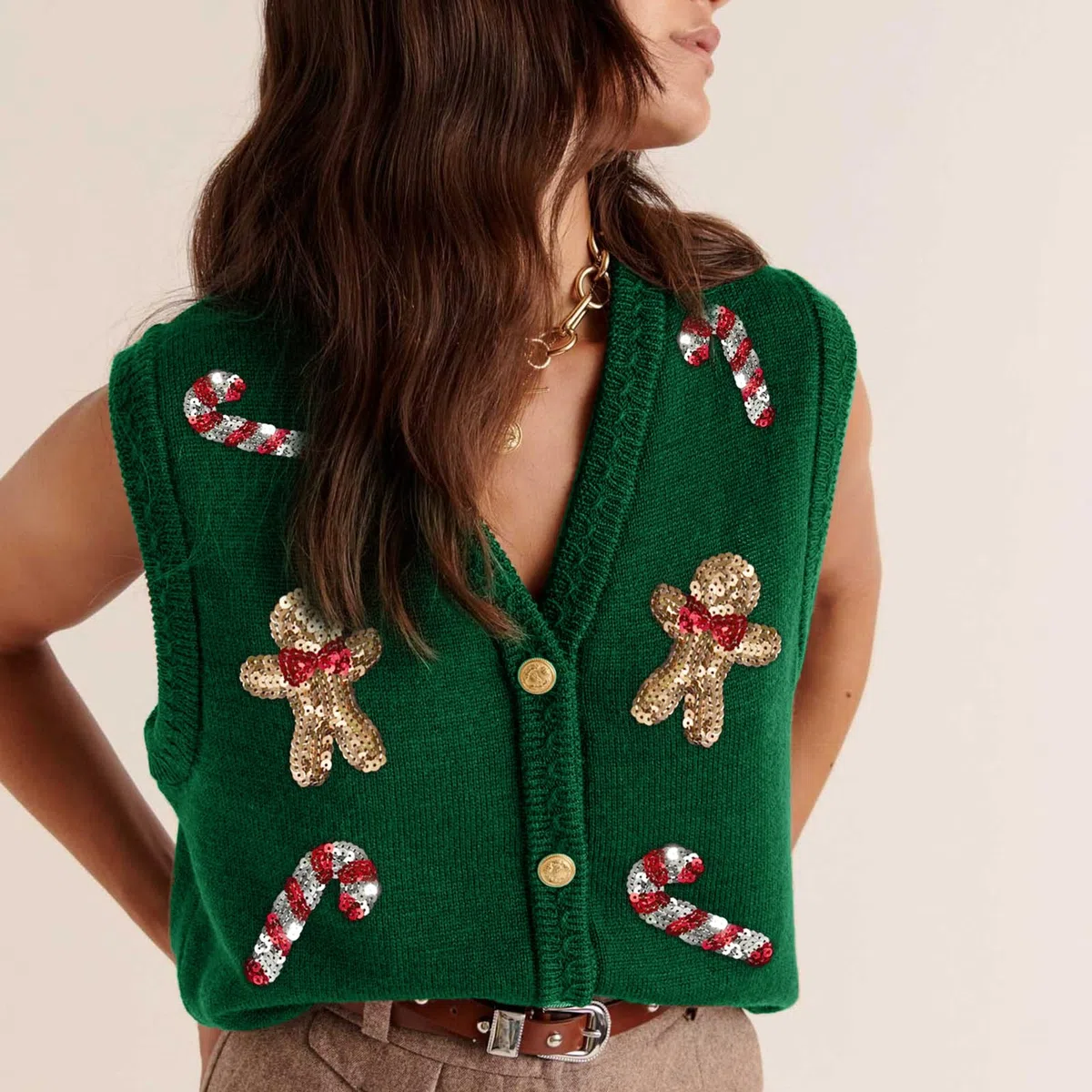 Pull de Noël moche pour femme - Imprimé Père Noël à paillettes - Sans manches - Bouton sur le devant - Cardigan en tricot