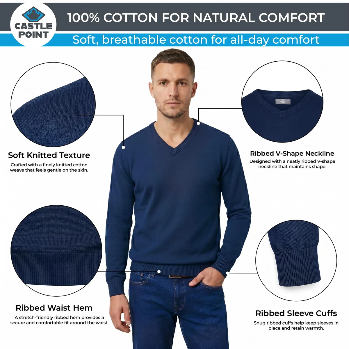 Castle Point Pull Homme 100% Coton Léger – Pull Tricot Col Rond ou Col V Pull Homme Coton Respirant Pull Léger Décontracté et Bureau