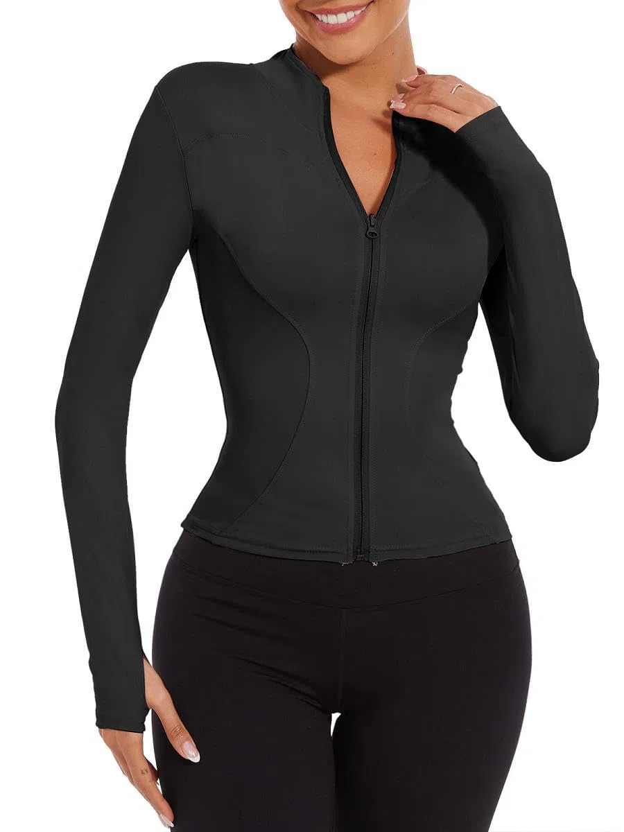 Veste de Sport Femme Veste de Course à Manches Longues Course Running Léger avec fermeture éclair Séchage Rapide Veste de Course avec Trous pour les pour Yoga Fitness