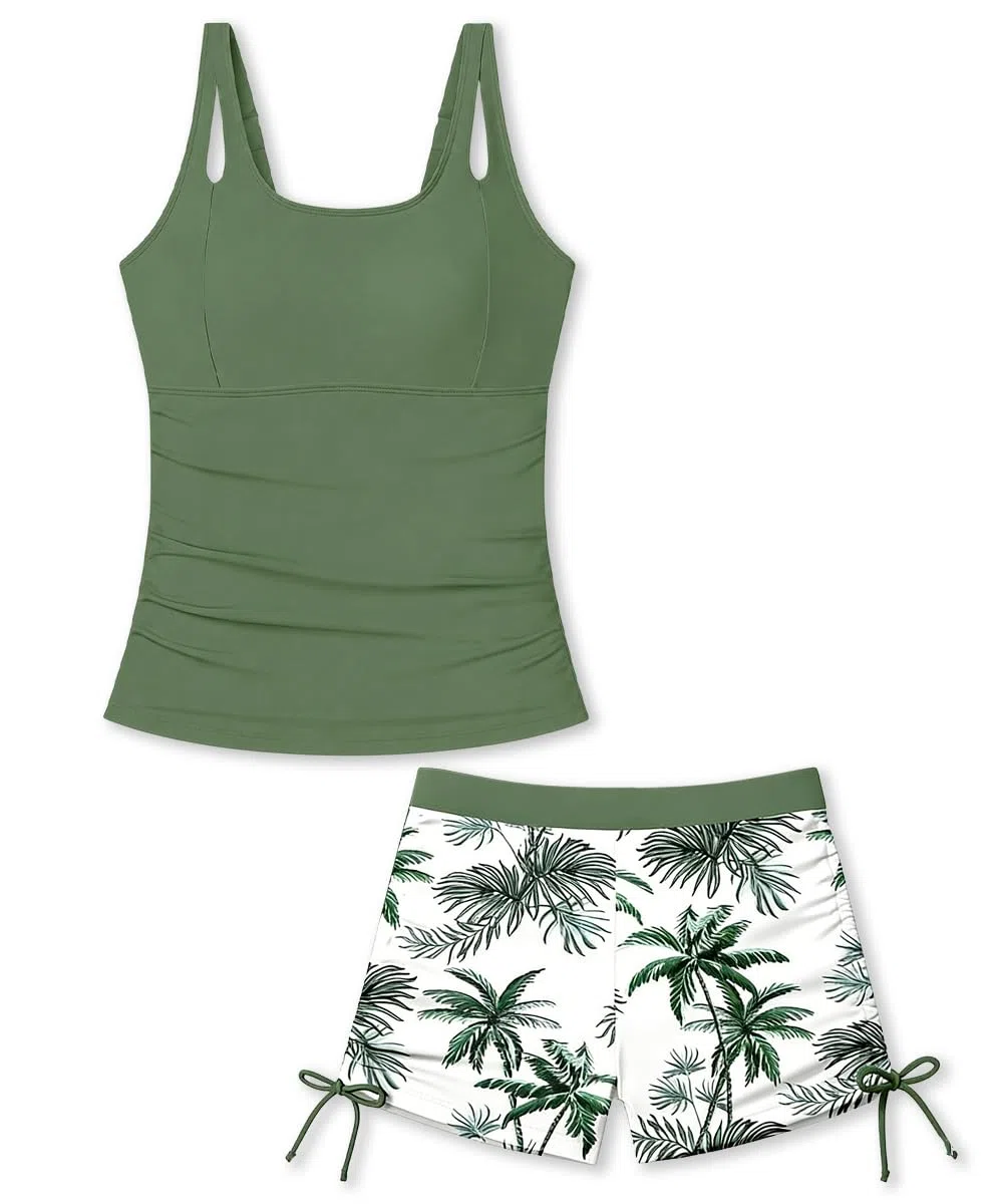Maillots de Bain Filles, Tankini Fille 2 Pièces Top uni avec Rembourrage Amovible Et Short Imprimé,Short de Bain Swimwear 11-16 Ans