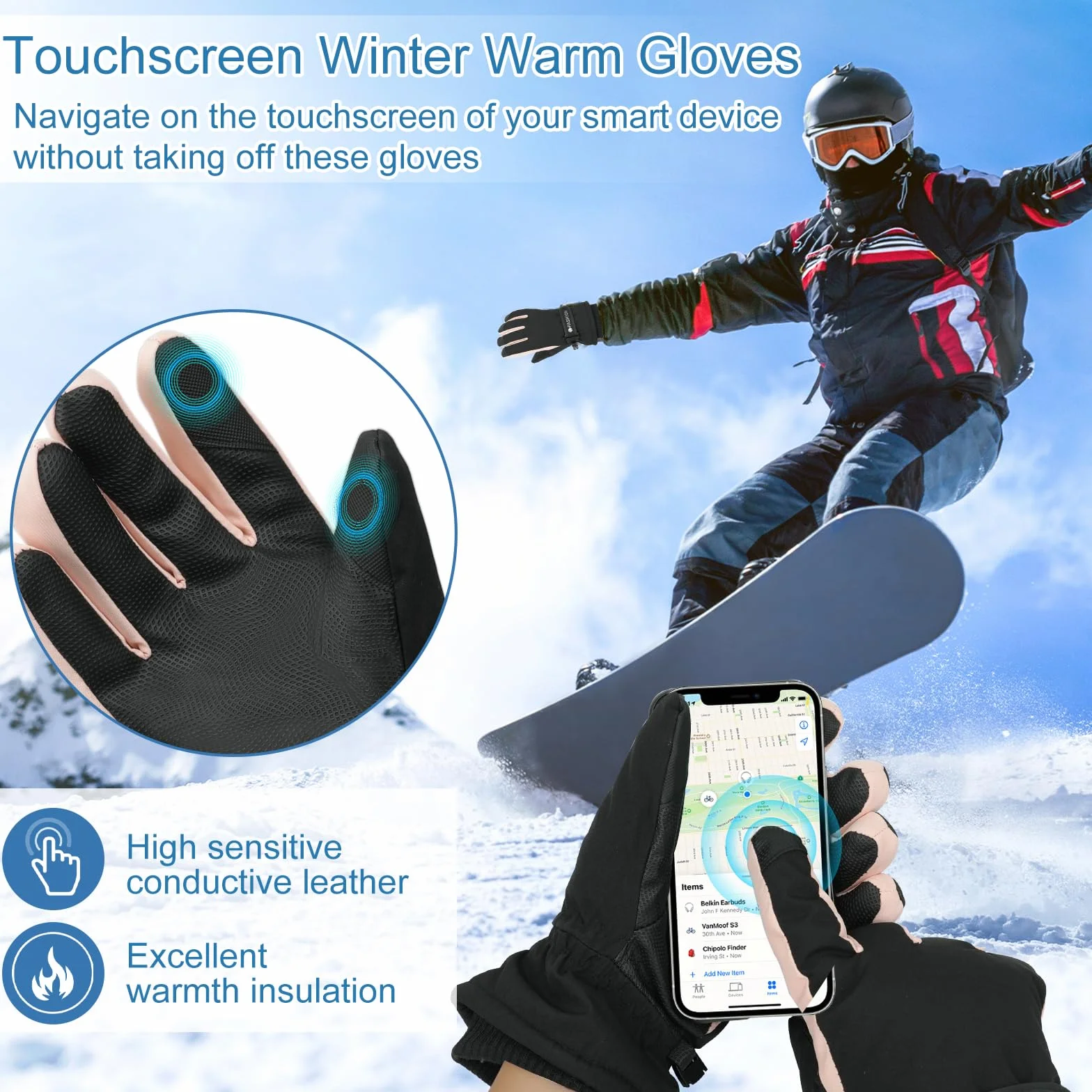 Gants de Ski Femmes, Gant Thermiques Imperméables pour Femme, Gants d'hiver Coupe-Vent Antidérapant, Écran Tactile pour Conduite Randonnée Ski Activités de Plein Air, Cadeaux d'Hiver Femmes
