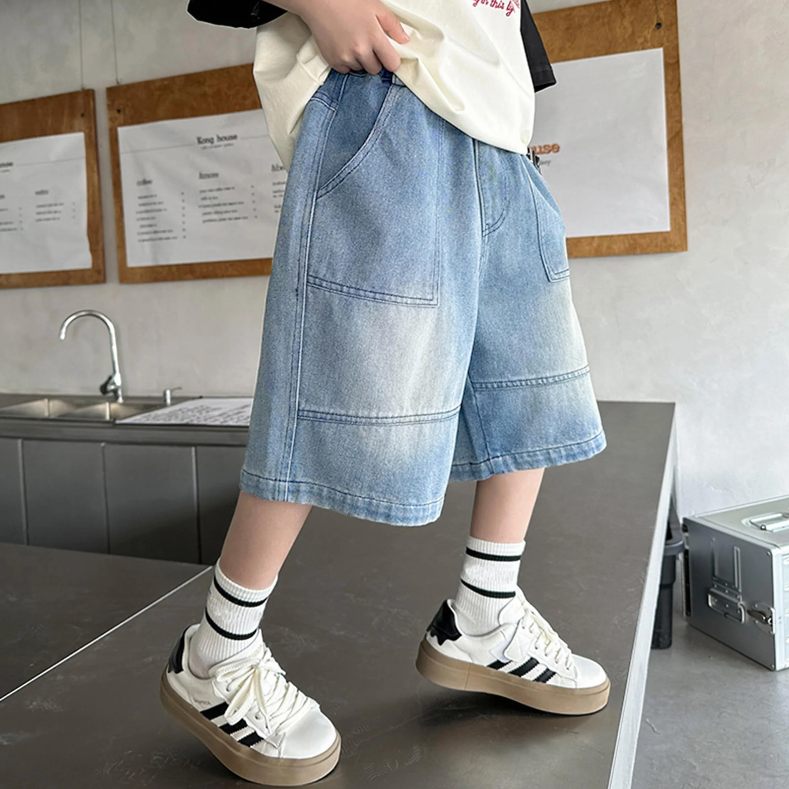 Rolanko Short en Jean pour Garçon, à Taille Élastique Baggy Ample Cargo Denim Shorts pour L'été