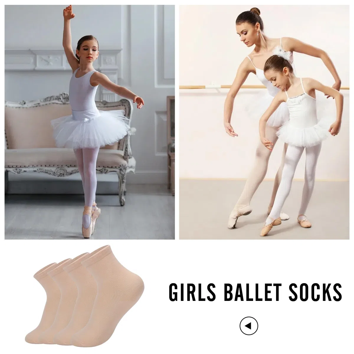 Lot de 4 paires de chaussettes de ballet pour filles, en coton oxygéné respirant, rose nude, orteils sans couture, chaussettes de danse extensibles pour tout-petits/enfants