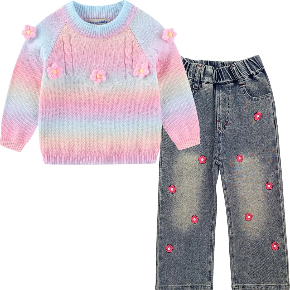 Peacolate 3-7ans printemps automne petites filles 2pcs ensemble de vêtements pull en tricot et jeans brodés