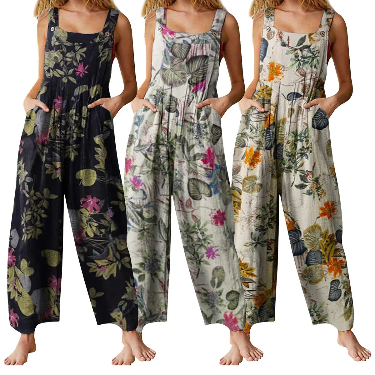 Carolilly Combinaison d'Été sans Manche pour Femme Pantalon Salopette Imprimée avec Poches Jumpsuit Chic et Élégant