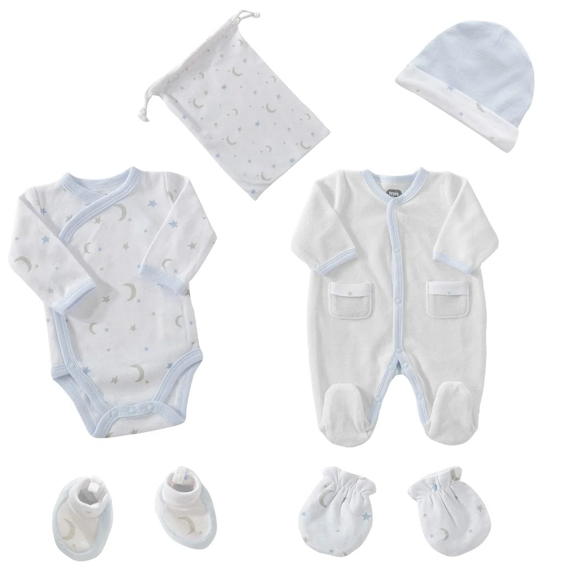 TROIS KILOS SEPT - Kit Naissance 6 Pièces - 1 mois - Velours Blanc - Motif Lune - (Pyjama, Body, Bonnet, Moufles, Chaussons et Pochon de Rangement) - Cadeau Bébé Mixte Garçon et Fille