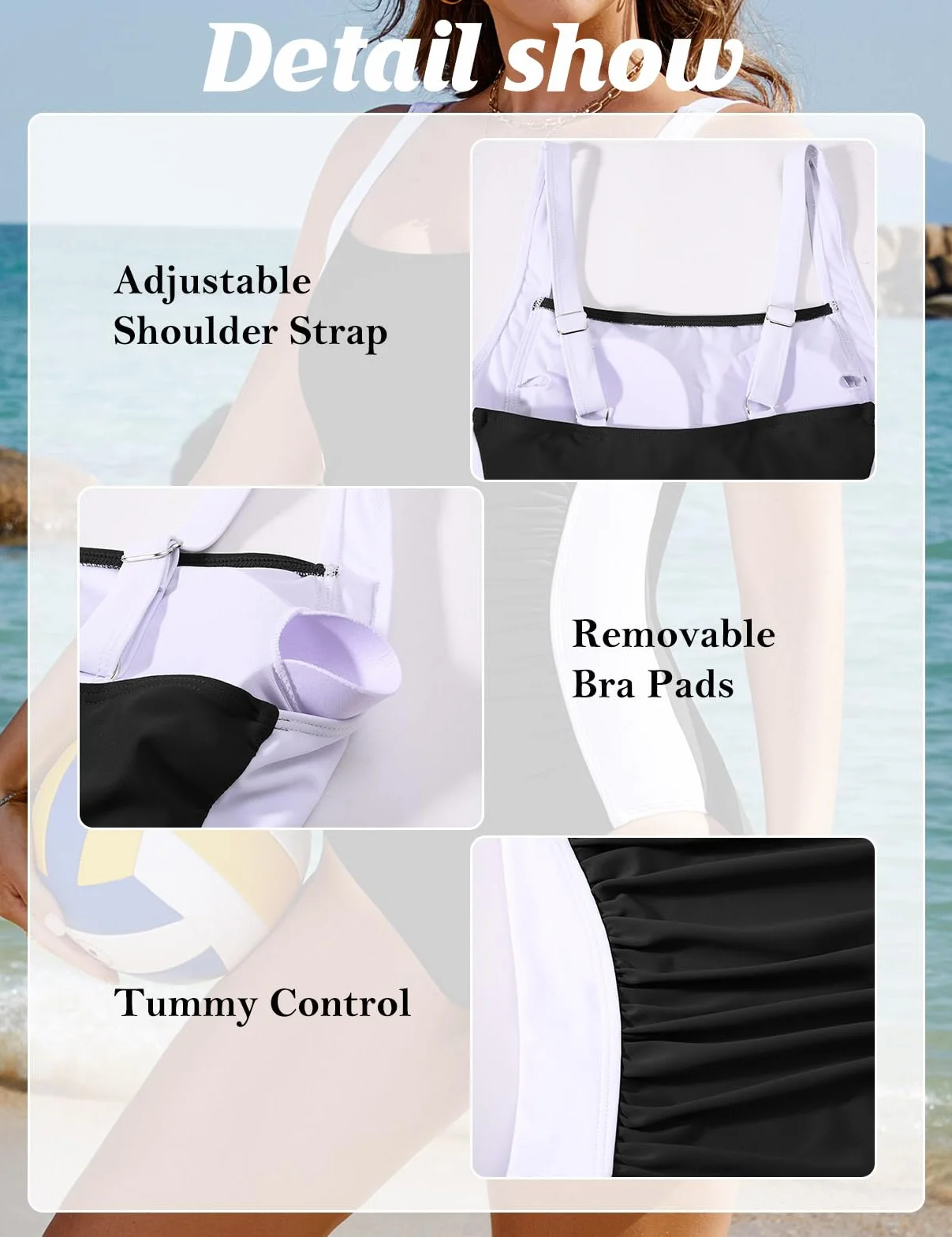 Maillot Bain Femme 1 Piece Ventre Plat Amincissant Swimwear Push Up Rembourré Blocage des Couleurs Maillot de Bain Piscine de Plage