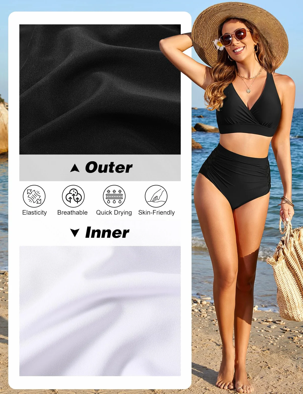CMTOP Maillot de Bain Femme 2 Pieces Taille Haute Ventre Plat Maillots Deux Pièces Col en V Push-Up Rembourré Bikini Set d'Été Chic et Élégant Swimsuit Froncé Swimwear Beachwear